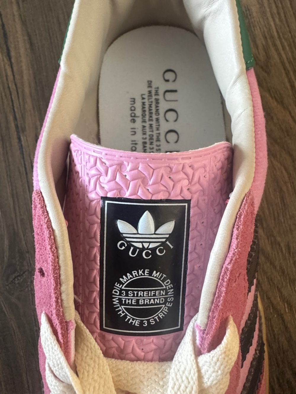 Gucci Pink Suede Sneakers with Black Stripes and Green Heel Tab - Picture 6 of 9